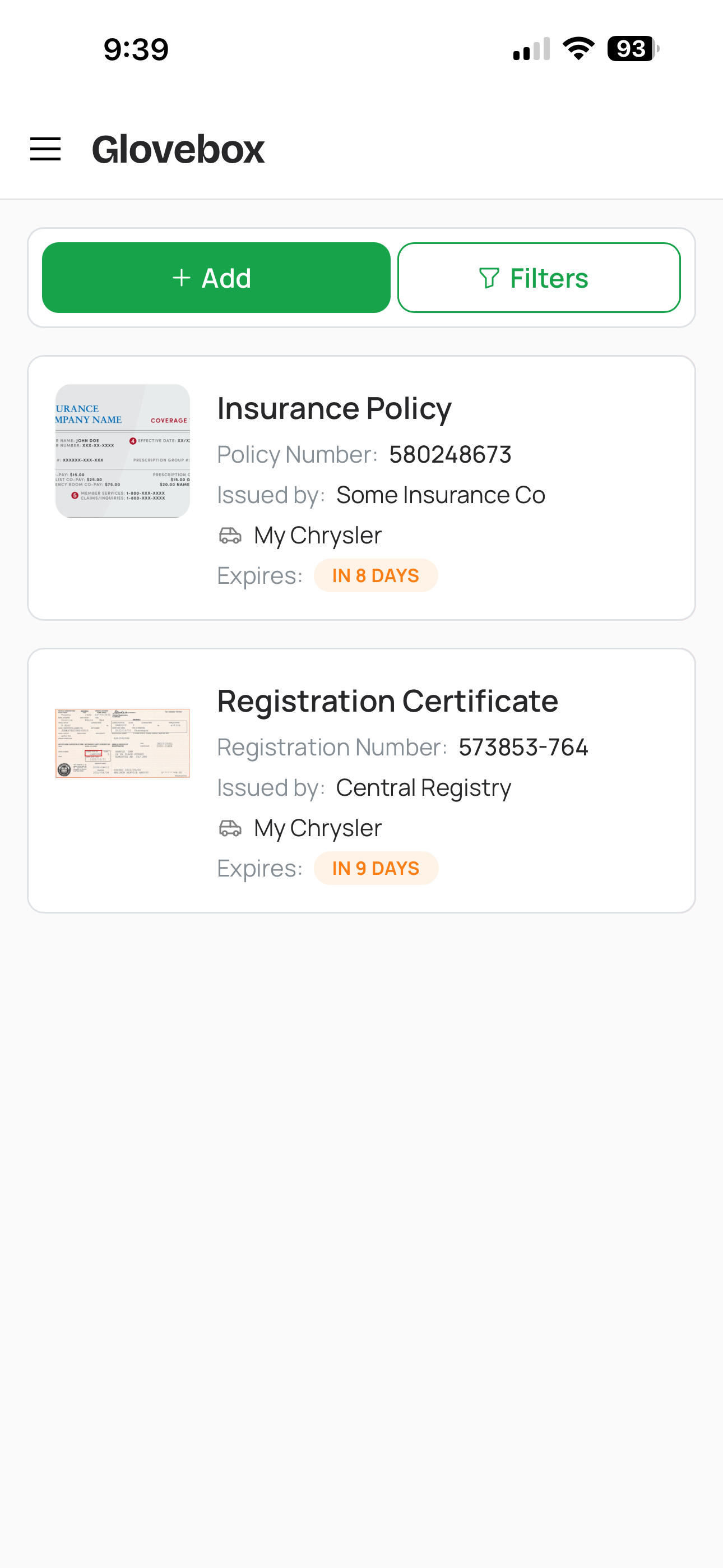 Digital Glovebox document list showing insurance, registration, and warranty entries with expiration dates