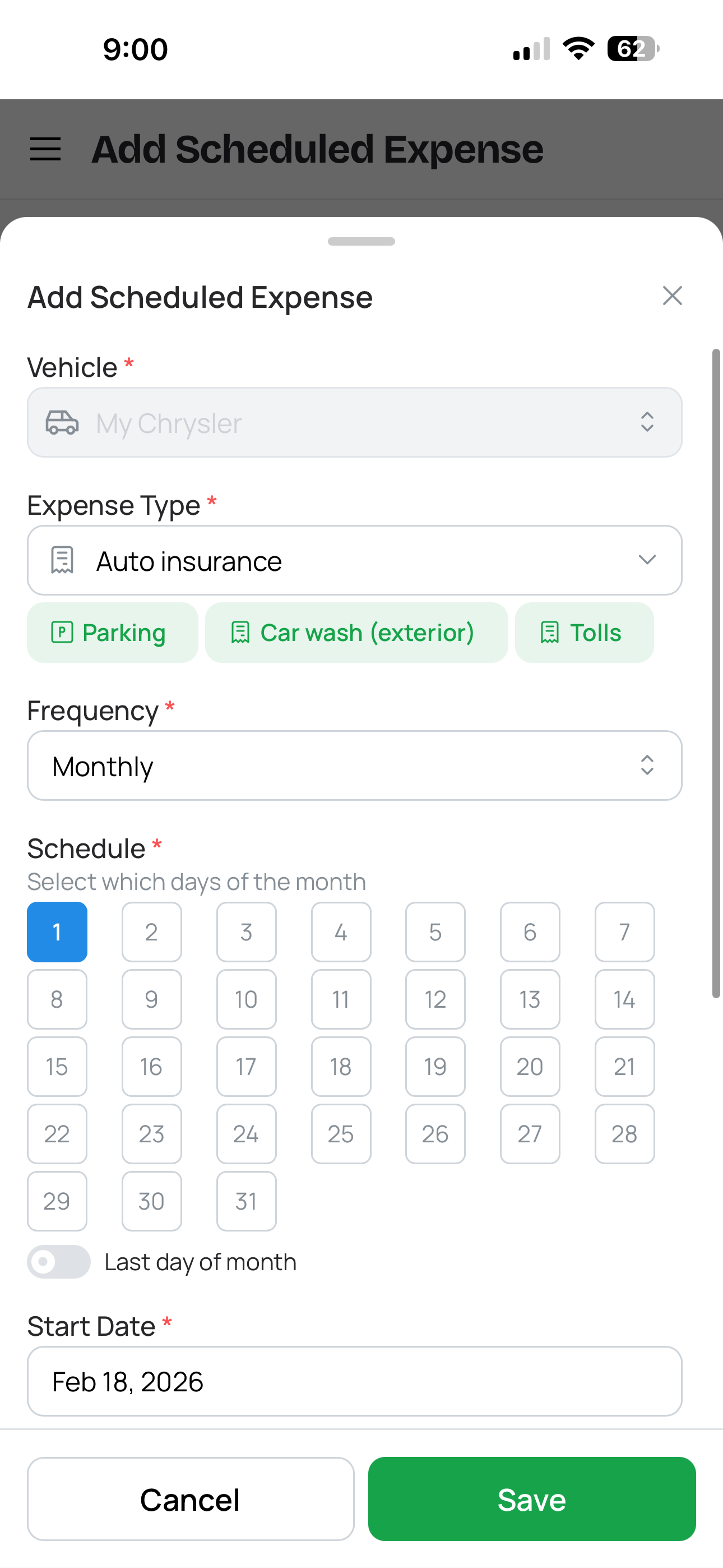 Scheduled expense configuration showing monthly frequency, date selection, and date range