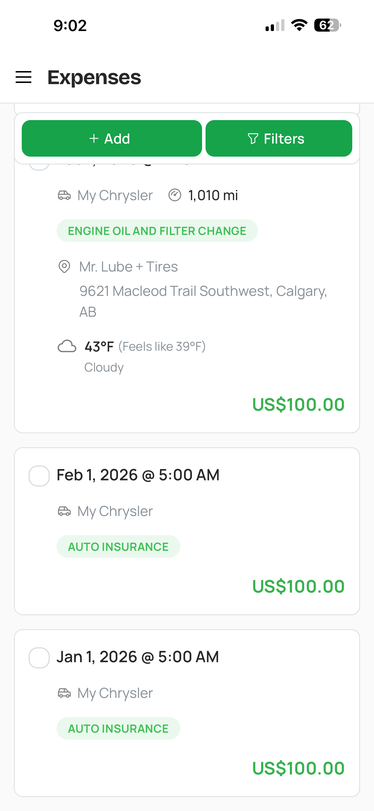 Schedule with past start date showing generated expenses filling in the gap