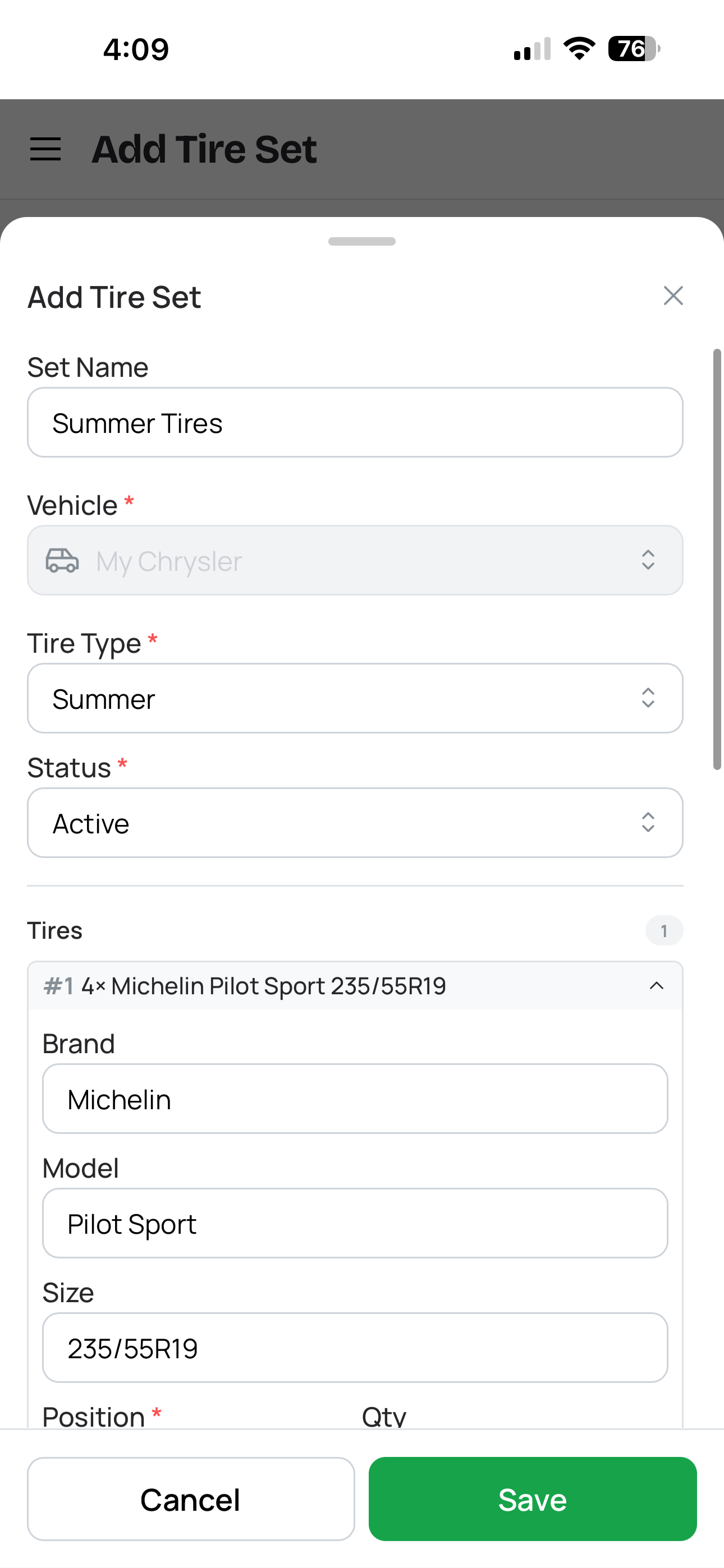 Adding a tire set for a vehicle