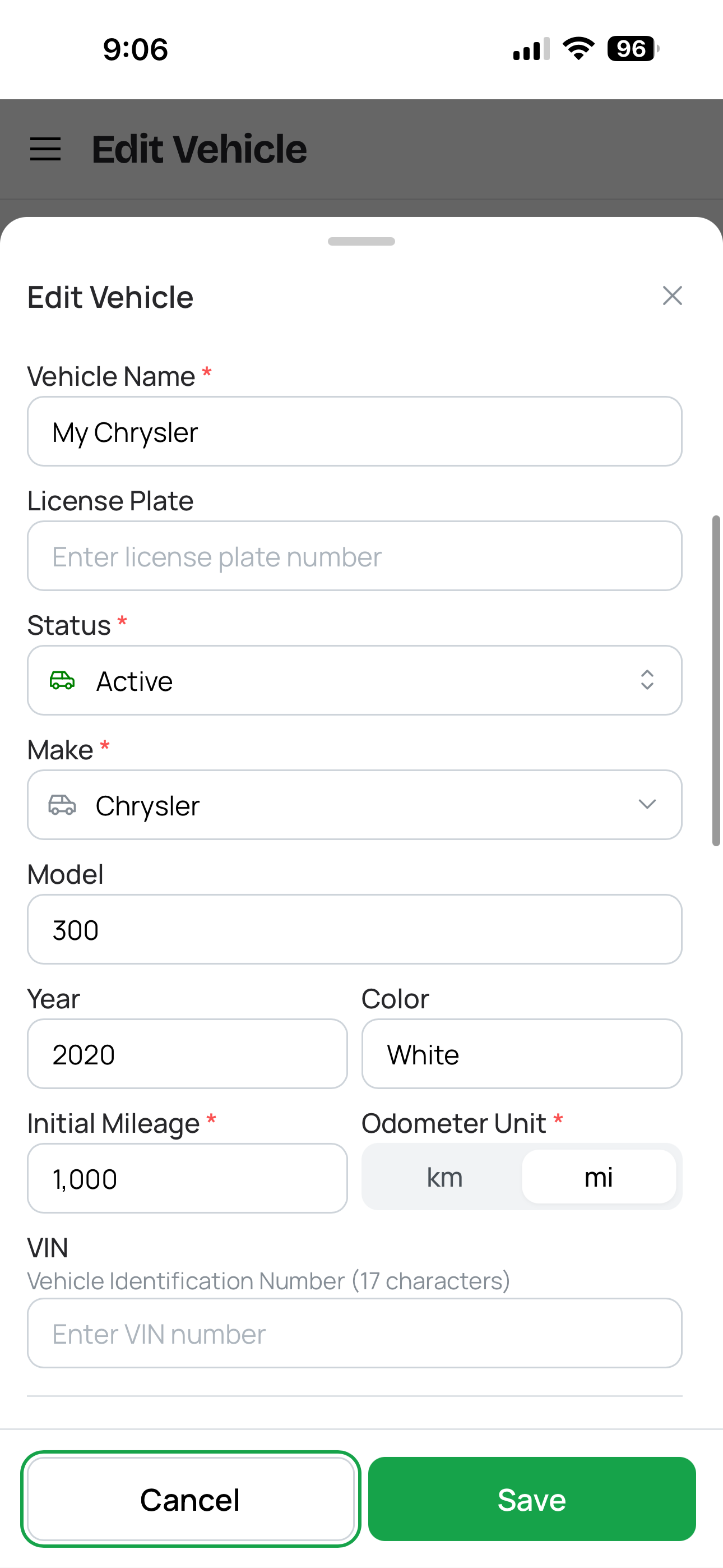 Vehicle profile showing make, model, year, color, VIN, and vehicle photo