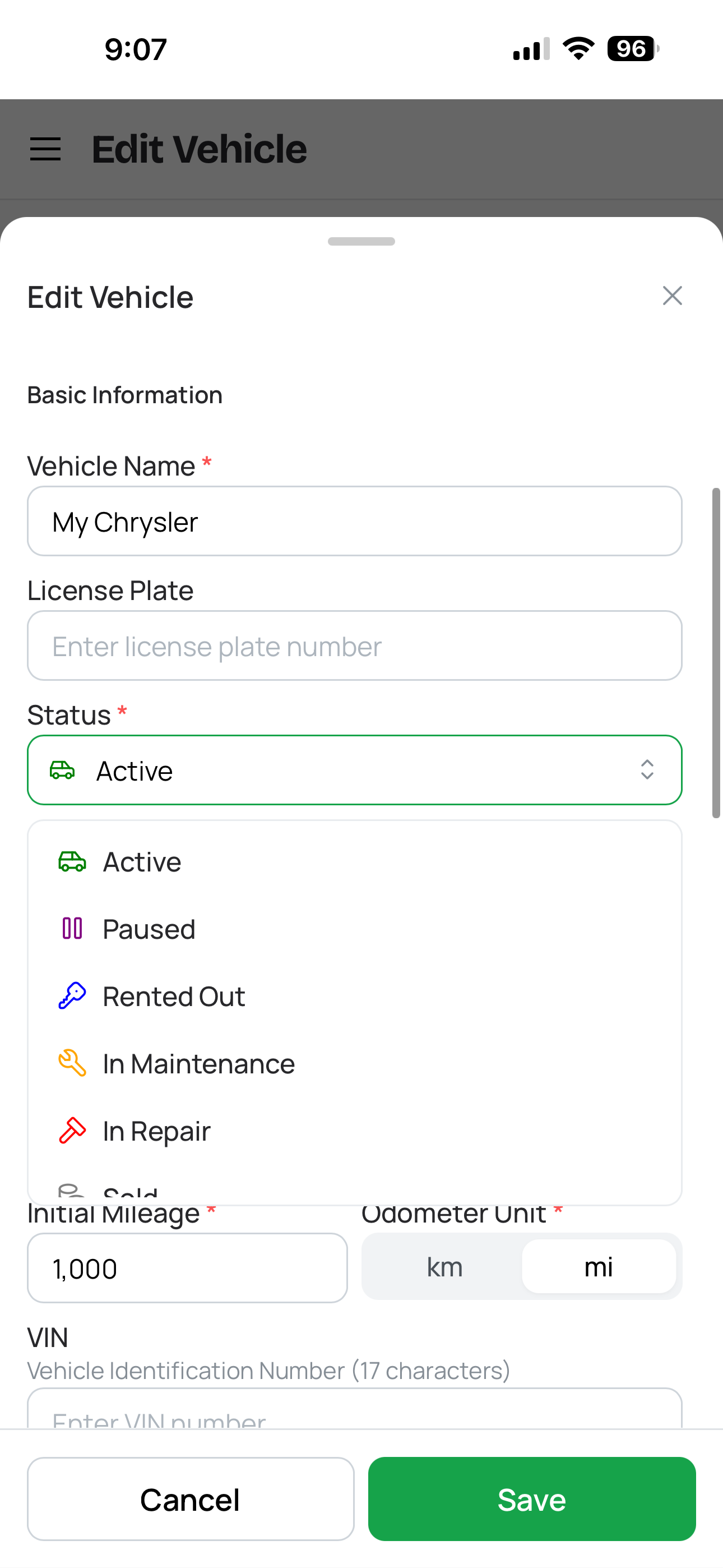 Vehicle garage showing car statuses with Active, On Maintenance, and Sold