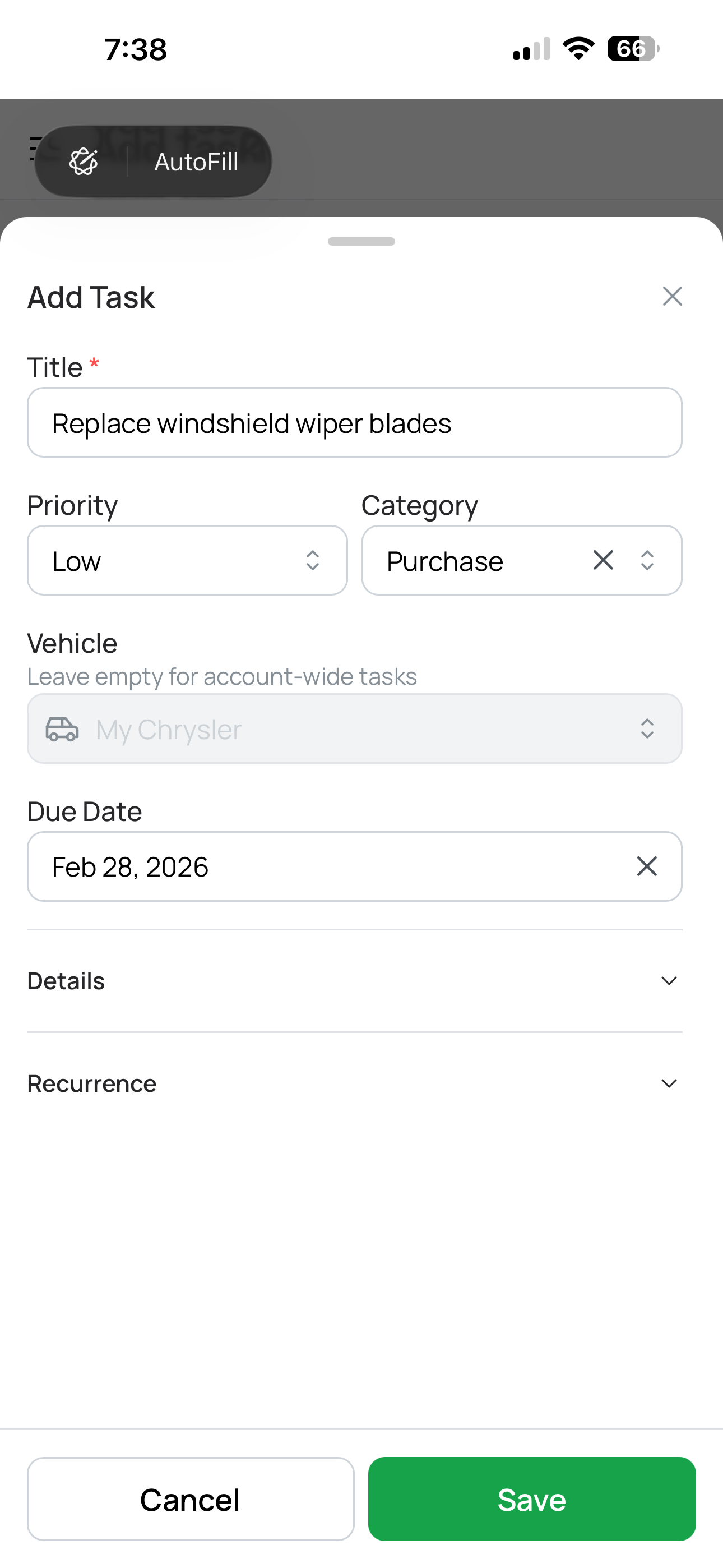Creating a new vehicle task with due date, priority, and category