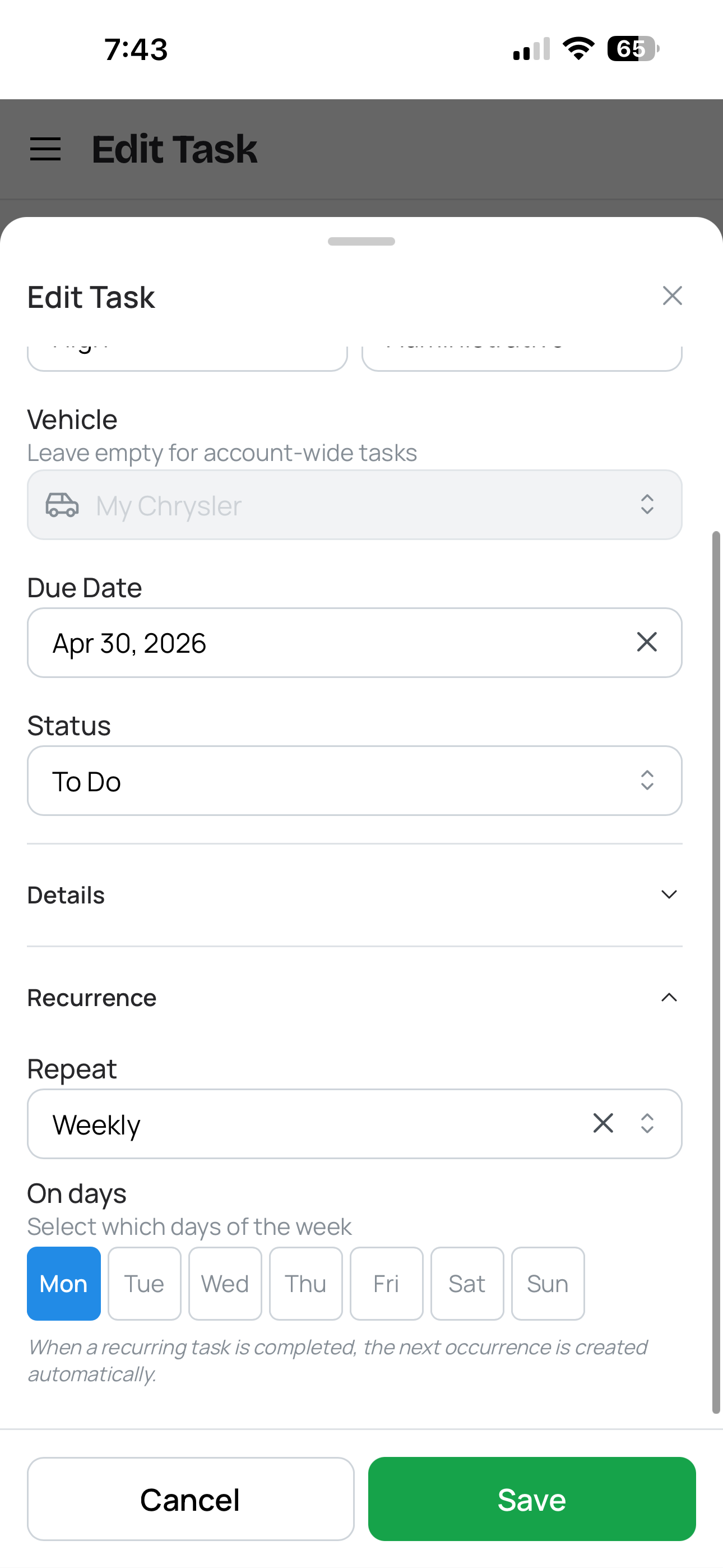 Recurring task settings showing weekly options